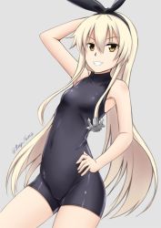 Rule 34 | 10s, 1girl, alternate eye color, anchor hair ornament, arm behind head, arm up, armpits, bare shoulders, black ribbon, blonde hair, bodysuit, breasts, brown eyes, collarbone, covered navel, cowboy shot, from side, fuuma nagi, grey background, grin, hair between eyes, hair ornament, hair ribbon, hairband, halterneck, hand on own hip, kantai collection, legs apart, long hair, looking at viewer, orange eyes, parted bangs, ribbon, shimakaze (kancolle), shiny clothes, sidelocks, simple background, skin tight, skinny, small breasts, smile, solo, standing, teeth, turtleneck, twitter username, unitard, very long hair, white hair