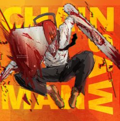 Rule 34 | 1boy, absurdres, black necktie, blood, blood from mouth, blood on clothes, blood splatter, bloody weapon, chainsaw, chainsaw man, collared shirt, denji (chainsaw man), glowing, glowing eye, highres, instagram username, midair, necktie, orange theme, sharp teeth, shirt, solo, stephengiannart, teeth, twitter username, weapon, white shirt