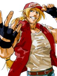 Rule 34 | 1boy, beef stew, belt, blonde hair, blouse, blue eyes, fatal fury, fatal fury cap, fingerless gloves, gloves, jacket, ponytail, shirt, simple background, sleeveless, solo, terry bogard, the king of fighters, white background, white shirt