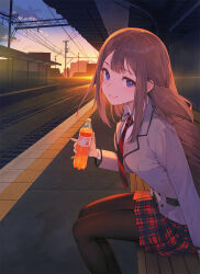 Rule 34 | 1girl, arm at side, backlighting, black necktie, black pantyhose, black stripes, blazer, blue eyes, blush, bottle, breasts, brown hair, building, closed jacket, closed mouth, cloud, cloudy sky, collared shirt, commentary request, cover, cover image, cover page, dress shirt, food, fruit, grey jacket, highres, holding, holding bottle, jacket, leaning forward, lens flare, looking at viewer, medium breasts, mikage saeka, nagu, necktie, novel cover, novel illustration, official art, on bench, orange (fruit), outdoors, pantyhose, plaid, plaid skirt, power lines, railroad tracks, red necktie, red skirt, school uniform, shirt, sitting, skirt, sky, smile, soda bottle, solo, striped necktie, sunset, tareme, tenshi wa tansan shika nomanai, train station, utility pole, white shirt