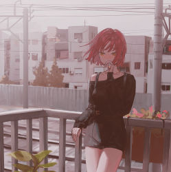 Rule 34 | 1girl, absurdres, balcony, belt, black shorts, breasts, brown hair, building, cigarette, city, collarbone, commentary request, fence, flower, highres, holding, holding cigarette, house, huge filesize, k1llg, leaf, long sleeves, looking away, medium hair, original, plant, railroad tracks, short shorts, shorts, smoking, solo, standing, yellow eyes