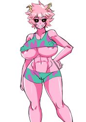 Rule 34 | 1girl, areola slip, ashido mina, bare shoulders, black sclera, boku no hero academia, breasts, cameltoe, colored sclera, colored skin, duo kawa, grin, horns, large breasts, looking at viewer, pink hair, pink skin, shiny skin, short hair, simple background, smile, solo, underboob, white background, yellow eyes