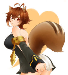 Rule 34 | 1girl, absurdres, alternate costume, animal ears, antenna hair, ass, bad id, bad pixiv id, bare shoulders, blazblue, breasts, brown hair, detached sleeves, dress, covered erect nipples, from behind, highres, large breasts, makoto nanaya, red eyes, shama, short dress, short hair, solo, squirrel ears, squirrel tail, tail, thighs, uniform