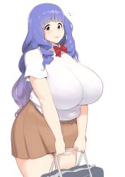 Rule 34 | 1girl, bag, blush, breasts, brown eyes, cowboy shot, drill hair, fat, gigantic breasts, hakai shin, highres, huge breasts, long hair, miniskirt, plump, purple hair, school uniform, simple background, skirt, solo, standing, thick thighs, thighs, white background, wide hips