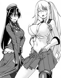 Rule 34 | 10s, 2girls, alternate hairstyle, atago (kancolle), beret, breast envy, breasts, cleavage, cosplay, gloves, hat, kantai collection, long hair, looking at viewer, military, military uniform, monochrome, multiple girls, necktie, ninomiya hitomi, ponytail, skirt, smile, takao (kancolle), uniform, yahagi (kancolle) (cosplay)