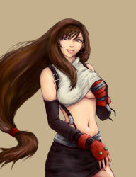 Rule 34 | 1990s (style), 1girl, :p, bad id, bad pixiv id, bare shoulders, breasts, brown eyes, brown hair, final fantasy, final fantasy vii, fingerless gloves, gloves, grabbing, grabbing another&#039;s breast, highres, long hair, low-tied long hair, midriff, navel, pencil skirt, retro artstyle, simple background, sk hand, skirt, solo, suspender skirt, suspenders, tifa lockhart, tongue, tongue out, underboob, very long hair