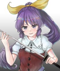 Rule 34 | 1girl, absurdres, breasts, buttons, commentary request, gradient background, grey background, grey eyes, hand up, high ponytail, highres, holding, holding sword, holding weapon, katana, long hair, looking at viewer, luke (kyeftss), medium breasts, parted lips, puffy short sleeves, puffy sleeves, purple eyes, ribbon, short sleeves, smile, solo, sword, touhou, upper body, v-shaped eyebrows, very long hair, watatsuki no yorihime, weapon, wing collar, yellow ribbon