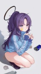 Rule 34 | 1girl, absurdres, blue archive, blue buruma, blue jacket, blush, breasts, buruma, can, drink can, halo, highres, jacket, long hair, looking at viewer, medium breasts, official alternate costume, ponytail, purple eyes, purple hair, shoes, simple background, sneakers, soda can, solo, squatting, star sticker, sticker on face, thighs, track jacket, user fzkm8843, yuuka (blue archive), yuuka (track) (blue archive)
