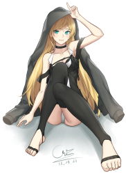 Rule 34 | 1girl, blonde hair, blue eyes, breasts, clothes down, feet, girls&#039; frontline, hand up, jacket, jacket on shoulders, k5 (girls&#039; frontline), long hair, no shoes, panties, pantyshot, sitting, smile, solo, tagme, ten cws, thighhighs, toes, underwear, white background