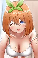 Rule 34 | 1girl, absurdres, bare shoulders, blue eyes, blurry, blurry background, breasts, camisole, collarbone, commentary, crossed bangs, downblouse, exercising, go-toubun no hanayome, green ribbon, hair between eyes, hair ribbon, hanging breasts, highres, large breasts, looking at viewer, medium hair, nakano yotsuba, no bra, one eye closed, open mouth, orange hair, poa mellhen, push-ups, ribbon, solo, strap slip, sweat, teeth, upper teeth only, white camisole
