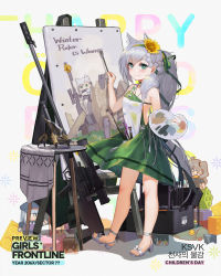Rule 34 | 1girl, aged down, animal ears, anti-materiel rifle, blush, bolt-action rifle, bolt action, braid, breasts, bullpup, character name, choker, closed mouth, dress, easel, flower, full body, girls&#039; frontline, green dress, green eyes, green hairband, green ribbon, grey hair, gun, hair between eyes, hair flower, hair ornament, hair over shoulder, hair ribbon, hairband, holding, holding brush, holding easel, ksvk (girls&#039; frontline), ksvk 12.7, long hair, looking at viewer, muzzle device, official alternate costume, official art, paintbrush, painting (action), painting (object), palette (object), pandea work, ponytail, ribbon, rifle, sandals, smile, sniper rifle, solo, standing, sunflower, table, very long hair, weapon
