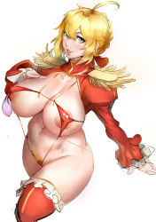 Rule 34 | 10s, 1girl, ahoge, areola slip, blonde hair, breasts, condom, covered erect nipples, fate/extra, fate (series), female pubic hair, green eyes, huge breasts, kunaboto, nero claudius (fate), nero claudius (fate) (all), nero claudius (fate/extra), nipples, pubic hair, revealing clothes, simple background, solo, thighhighs, used condom