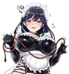 Rule 34 | 1girl, ahoge, alternate costume, apron, artist name, black dress, black gloves, black hair, blush, breasts, brown eyes, dated, dress, enmaided, gloves, hair between eyes, holding, holding whip, kantai collection, large breasts, long hair, maid, maid apron, maid headdress, open mouth, signature, simple background, solo, tk8d32, upper body, ushio (kancolle), waist apron, whip, white apron, white background