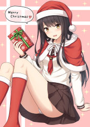 Rule 34 | 1girl, :d, arm support, ass, black hair, blush, box, breasts, brown eyes, brown sailor collar, brown skirt, capelet, commentary request, fingernails, gift, gift box, hair between eyes, hand up, hat, head tilt, heart, holding, holding gift, kneehighs, long hair, long sleeves, merry christmas, nakamura sumikage, neckerchief, open mouth, original, pleated skirt, red capelet, red hat, red neckerchief, red socks, ribbon, sailor collar, santa hat, school uniform, serafuku, shirt, sitting, skirt, small breasts, smile, snowflake print, socks, solo, sparkle, speech bubble, very long hair, white ribbon, white shirt