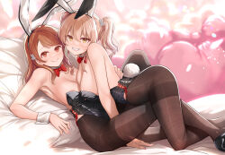 Rule 34 | 2girls, animal ears, areola slip, bare arms, bare shoulders, black hairband, black leotard, black pantyhose, blush, bow, bowtie, brown eyes, brown hair, closed mouth, commentary request, detached collar, fake animal ears, fine fabric emphasis, hairband, hojo karen, idolmaster, idolmaster cinderella girls, jougasaki mika, leotard, long hair, looking at viewer, mk (mod0), multiple girls, pantyhose, parted lips, playboy bunny, rabbit ears, red bow, red bowtie, smile, teeth, thighband pantyhose, thighs, twintails, wrist cuffs, yellow eyes