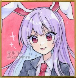 Rule 34 | 1girl, 2zuz4hru, animal ears, black jacket, collared shirt, commentary request, jacket, long hair, necktie, painting (medium), pink background, pink eyes, portrait, purple hair, rabbit ears, red necktie, reisen udongein inaba, shirt, solo, tongue, tongue out, touhou, traditional media, twitter username, watercolor (medium), white shirt