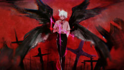 Rule 34 | 1boy, angel wings, black wings, closed mouth, collar, cross, dark halo, dripping, floating, halo, hand in pocket, highres, holding, holding halo, male focus, mika winter, multiple wings, nagisa kaworu, neon genesis evangelion, red eyes, red theme, solo, white hair, white halo, wings