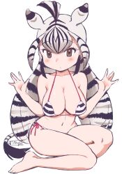 Rule 34 | 1girl, ahoge, animal ears, bare shoulders, barefoot, bikini, black hair, blush, breasts, brown eyes, chapman&#039;s zebra (kemono friends), closed mouth, collarbone, commentary, dot mouth, extra ears, full body, highres, kemono friends, large breasts, long hair, looking at viewer, masuyama ryou, multicolored hair, navel, side-tie bikini bottom, simple background, sitting, solo, string bikini, striped bikini, striped clothes, swimsuit, two-tone hair, very long hair, white background, white hair, yokozuwari, zebra ears, zebra girl, zebra tail, ||/