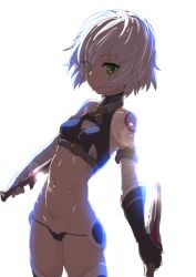Rule 34 | 1girl, backlighting, bandaged arm, bandages, bare shoulders, black gloves, black panties, black thighhighs, breasts, cameltoe, clearite, cleavage, dual wielding, elbow gloves, expressionless, fate/apocrypha, fate (series), fingerless gloves, glint, gloves, green eyes, hair over one eye, holding, jack the ripper (fate/apocrypha), knife, lens flare, looking at viewer, lowleg, lowleg panties, midriff, navel, panties, petite, scar, short hair, silver hair, simple background, single glove, small breasts, solo, string panties, tattoo, thighhighs, turtleneck, underwear, white background