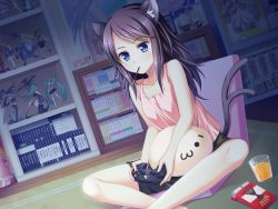 Rule 34 | 1girl, animal ears, bare shoulders, blue eyes, blush, book, bookshelf, cat ears, cat tail, collection, controller, figure, food, food in mouth, game cg, game controller, glass, highres, indoors, joystick, juice, long hair, manga (object), night, otaku room, otomimi infinity, playing, pocky, poster (medium), purple hair, shorts, sitting, solo, suzune mayoi, tail