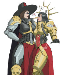 Rule 34 | !?, 2girls, absurdres, anger vein, arm around waist, armor, black gloves, black hair, blue eyes, breasts, brown eyes, brown hair, brown lips, gloves, hand on own hip, hat, heart, highres, inquisition (warhammer), inquisitor katarinya greyfax, jingyifu24, large breasts, living saint, monocle, multiple girls, red skirt, saint celestine, skirt, spoken anger vein, spoken heart, sweatdrop, warhammer 40k, white background, yuri