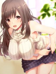 Rule 34 | 1girl, :o, armpits, bare arms, blue skirt, blurry, blurry background, blurry foreground, blush, breasts, brown eyes, brown hair, clothes lift, highres, hunched over, idolmaster, idolmaster shiny colors, indoors, large breasts, leaf, long hair, looking at viewer, open mouth, panties, plaid, plaid skirt, plant, ribbed shirt, ryuu., shirt, sidelocks, skirt, skirt lift, sleeveless, solo, sunlight, tsukioka kogane, turtleneck, underwear, undressing, white panties, window