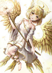 Rule 34 | 1girl, :p, absurdres, angel, angel wings, barefoot, blonde hair, blush, breasts, collarbone, commentary, dandelion, detached sleeves, dress, feathered wings, fingernails, floating, flower, halo, head wings, highres, holding, holding staff, huge filesize, leg ribbon, long sleeves, medium hair, mirage (rairudiseu), multiple wings, nail polish, original, ribbon, sarashi, single bare shoulder, small breasts, solo, staff, thick eyebrows, toenail polish, toenails, tongue, tongue out, white dress, wide sleeves, wings, yellow eyes, yellow nails, yellow ribbon, yellow theme, yellow wings