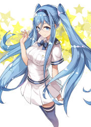 Rule 34 | 1girl, absurdres, aoki hagane no arpeggio, blue eyes, blue hair, blue hairband, blue neckwear, blue thighhighs, breasts, closed mouth, collared shirt, dress shirt, female focus, floating hair, glasses, hair between eyes, hairband, highres, long hair, medium breasts, miniskirt, mole, mole under mouth, mutsumi masato, pleated skirt, shirt, short sleeves, skirt, smile, solo, standing, takao (aoki hagane no arpeggio), thighhighs, twintails, very long hair, white shirt, white skirt, wing collar, zettai ryouiki