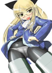 Rule 34 | 00s, 1girl, aki426, animal ears, bad id, bad pixiv id, black pantyhose, blonde hair, cat ears, fang, glasses, lowleg, lowleg panties, no pants, panties, panties under pantyhose, pantyhose, perrine h. clostermann, solo, strike witches, striker unit, thighhighs, underwear, world witches series, yellow eyes