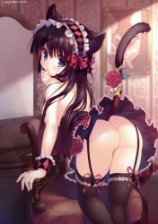 Rule 34 | 1girl, absurdres, animal ears, arm support, ass, bent over, black hair, black thighhighs, blue eyes, breasts, cat ears, cat tail, corset, flower, garter straps, hairband, hand on own face, headband, highres, kneepits, lolita hairband, long hair, looking back, no panties, original, plaid, plaid skirt, presenting, reference work, ribbon, santa matsuri, skirt, solo, tail, tail flower, tail ornament, tail ribbon, thighhighs, topless, upskirt, wrist cuffs