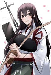 Rule 34 | 1girl, absurdres, akagi (kancolle), blush, bow (weapon), brown eyes, brown gloves, brown hair, flight deck, gloves, hair between eyes, highres, holding, holding bow (weapon), holding weapon, ichimonme (ichi), japanese clothes, kantai collection, long hair, looking at viewer, muneate, one-hour drawing challenge, partially fingerless gloves, partly fingerless gloves, petals, rigging, simple background, single glove, smile, solo, tasuki, twitter username, upper body, weapon, white background, yugake