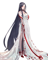 Rule 34 | 1girl, absurdly long hair, artist name, bad id, bad pixiv id, breasts, choker, dino (trexsilence), dress, earrings, full body, garter straps, hand in own hair, hand up, high heels, jewelry, long hair, medium breasts, miracle nikki, red choker, red footwear, red ribbon, ribbon, simple background, solo, standing, very long hair, white background, white dress