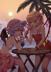 Rule 34 | 2girls, adapted costume, alternate headwear, bare legs, bare shoulders, bat wings, beach, bikini, blonde hair, blush, bracelet, chair, cherry, closed mouth, cocktail, cocktail glass, collarbone, commentary request, cup, dress, drinking, drinking glass, drinking straw, flandre scarlet, floral print, flower, food, frilled bikini top, frilled dress, frills, fruit, hair between eyes, hair flower, hair ornament, hand on table, hat, hat ribbon, highres, holding, holding drinking straw, holding food, holding ice cream, ice cream, ice cream float, jewelry, leaning forward, looking ahead, looking at viewer, multiple girls, necklace, no headwear, outdoors, palm tree, pink flower, pink ribbon, pink sarong, print sarong, purple hair, red dress, red eyes, remilia scarlet, ribbon, sarong, shiro0 0iro, shore, short dress, short hair, side ponytail, sitting, standing, sunset, swimsuit, table, tongue, tongue out, touhou, tree, water, wings, wooden chair, wooden table, wrist cuffs