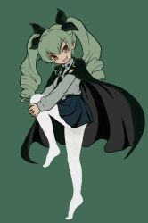 Rule 34 | 10s, 1girl, anchovy (girls und panzer), brown eyes, cape, drill hair, girls und panzer, green hair, hair ribbon, hands on own knee, knee up, miniskirt, necktie, no shoes, open mouth, pantyhose, pleated skirt, ribbon, saiguchi otoufu, shirt, skirt, smile, solo, twin drills