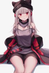 Rule 34 | 1girl, arknights, bare shoulders, beanie, belt, black coat, black hat, black skirt, blush, breasts, casual, cleavage, coat, commentary request, detached collar, frostleaf (arknights), hat, headphones, highres, implied extra ears, konome noi, long hair, long sleeves, looking at viewer, off shoulder, open clothes, open coat, parted lips, red eyes, red sleeves, sidelocks, simple background, sitting, skirt, small breasts, solo, strap slip, tail, tank top
