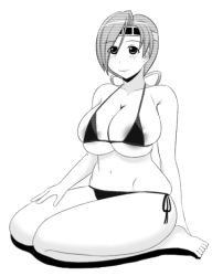 Rule 34 | 1girl, alternate costume, areola slip, artist request, bikini, black bikini, breasts, chitose (kancolle), covered erect nipples, greyscale, hair ribbon, hand on lap, headband, huge breasts, kantai collection, long hair, looking at viewer, monochrome, ribbon, sitting, smile, swimsuit, wariza, white background