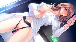 Rule 34 | 1girl, blush, breasts, brown eyes, brown hair, cellphone, censored, covered erect nipples, embarrassed, erocas! ~jikkyou! inran hoken&#039;i~, exhibitionism, eyebrows hidden by hair, feet out of frame, female focus, game cg, groin, highres, holding, holding phone, lab coat, large breasts, legs, long hair, mole, mole under eye, mosaic censoring, navel, no bra, object insertion, original, phone, public indecency, pussy, saitou machiko (erocas), sex toy, solo, standing, thighs, vaginal, vaginal object insertion, vibrator, yoshino keiko