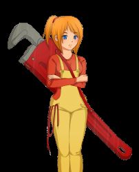 Rule 34 | 1girl, animated, animated gif, blue eyes, blue skin, colored skin, hair ornament, mechanic (terraria), orange hair, overalls, oversized object, ponytail, smile, speech bubble, terraria, transparent background, wrench