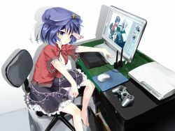 Rule 34 | 1girl, :o, barefoot, blouse, blue eyes, blue hair, book, breasts, chair, cleavage cutout, clothing cutout, computer, controller, desk, drawing tablet, expressive clothes, female focus, game console, game controller, gorilla (bun0615), hat, looking at viewer, matching hair/eyes, miyako yoshika, mouse (computer), office chair, ofuda, outstretched arms, playstation 3, recursion, reflection, scanner, shadow, shirt, simple background, skirt, solo, star (symbol), swivel chair, touhou, white background, zombie pose