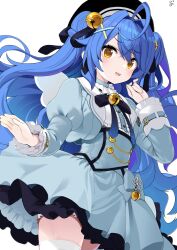 Rule 34 | 1girl, amamiya kokoro, amamiya kokoro (1st costume), bell, beret, black hat, blue bow, blue bowtie, blue dress, blue hair, bow, bowtie, cowboy shot, dress, frilled dress, frills, hair bell, hair between eyes, hair ornament, hands up, hashtag-only commentary, hat, highres, juliet sleeves, long hair, long sleeves, looking at viewer, neck bell, nejime, nijisanji, puffy sleeves, solo, thighhighs, two side up, virtual youtuber, white thighhighs, x hair ornament, yellow eyes