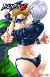 Rule 34 | 1boy, 1girl, absurdres, angel (kof), artist name, ass, between breasts, black gloves, black panties, blonde hair, blue eyes, breasts, butt crack, chaps, cowboy shot, cropped jacket, evil-dei, eyepatch, face between breasts, fingerless gloves, from behind, gloves, hair over one eye, head between breasts, highres, large breasts, long sleeves, looking at viewer, panties, ramon (kof), revealing clothes, short hair, short sleeves, silver hair, simple background, the king of fighters, thumbs up, underwear, white background