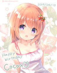 Rule 34 | 1girl, :d, amedamacon, bare arms, bare shoulders, blush, breasts, brown hair, character name, cleavage, commentary request, dated, dress, floral background, flower, food-themed hair ornament, gochuumon wa usagi desu ka?, hair between eyes, hair ornament, hand up, happy birthday, head tilt, heart, hoto cocoa, long hair, medium breasts, open mouth, purple eyes, sleeveless, sleeveless dress, smile, solo, strawberry hair ornament, twitter username, white background, white dress, white flower