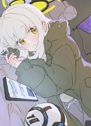 Rule 34 | 1girl, absurdres, blue archive, camping, cellphone, dutch angle, green eyes, green halo, green jacket, halo, hare (blue archive), hare (camp) (blue archive), heimu (heim kstr), highres, jacket, looking at viewer, lying, night, night sky, on side, phone, sky, smartphone, solo, star (sky), tent, white hair
