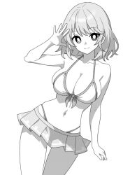 Rule 34 | 1girl, bare arms, bare legs, bare shoulders, bikini, breasts, cleavage, closed mouth, collarbone, commentary, cowboy shot, greyscale, large breasts, looking at viewer, monochrome, navel, onkn sxkn, short hair, simple background, smile, solo, swimsuit, tatara kogasa, touhou, white background