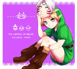 Rule 34 | 1boy, artist name, blonde hair, blue eyes, boots, brown footwear, copyright name, fierce deity, hat, link, male focus, mask, nintendo, pointy ears, signature, sinzuu, sitting, skirt, smile, solo, the legend of zelda, the legend of zelda: majora&#039;s mask, tunic, young link