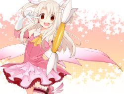 Rule 34 | 1girl, dress, elbow gloves, fate/kaleid liner prisma illya, fate (series), feather hair ornament, feathers, foreshortening, gloves, feather hair ornament, illyasviel von einzbern, kaleidostick, long hair, magical girl, prisma illya, red eyes, solo, thighhighs, tousei, two side up, wand, white hair