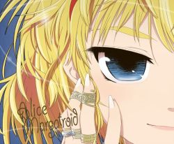 Rule 34 | 1girl, alice margatroid, blonde hair, blue background, blue eyes, character name, eyebrows, eyelashes, fingernails, glint, headband, jewelry, light smile, looking at viewer, macross, macross frontier, parody, ring, solo, star (symbol), string, touhou