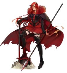 Rule 34 | 1girl, alternate costume, armor, armored boots, blood, blood splatter, bloody weapon, boots, boudica (fate), boudica (third ascension) (fate), breasts, cape, commentary, crown of thorns, dark persona, dual wielding, fate/grand order, fate (series), frown, full body, fur trim, gauntlets, grey background, highres, holding, large breasts, long hair, muneomon (takomon), pleated skirt, polearm, red hair, red skirt, simple background, skirt, solo, spear, sword, thigh boots, thigh strap, thighhighs, torn cape, torn clothes, transparent background, weapon, yellow eyes