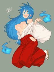 Rule 34 | 1girl, blue eyes, blue hair, blush, breasts, breasts out, fbc, ghost sweeper mikami, grey background, hakama, hakama skirt, himuro kinu, hitodama, japanese clothes, jumping, long hair, looking at viewer, low-tied long hair, matching hair/eyes, miko, nipples, open clothes, open mouth, open shirt, red hakama, shirt, simple background, skirt, solo