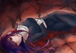 Rule 34 | 1girl, asagami fujino, black dress, blood, blood from mouth, blood in hair, blood on clothes, breasts, cropped arms, dress, highres, injury, kara no kyoukai, long dress, long hair, lying, medium breasts, on side, purple hair, reien girl&#039;s academy school uniform, school uniform, simasima0852, solo